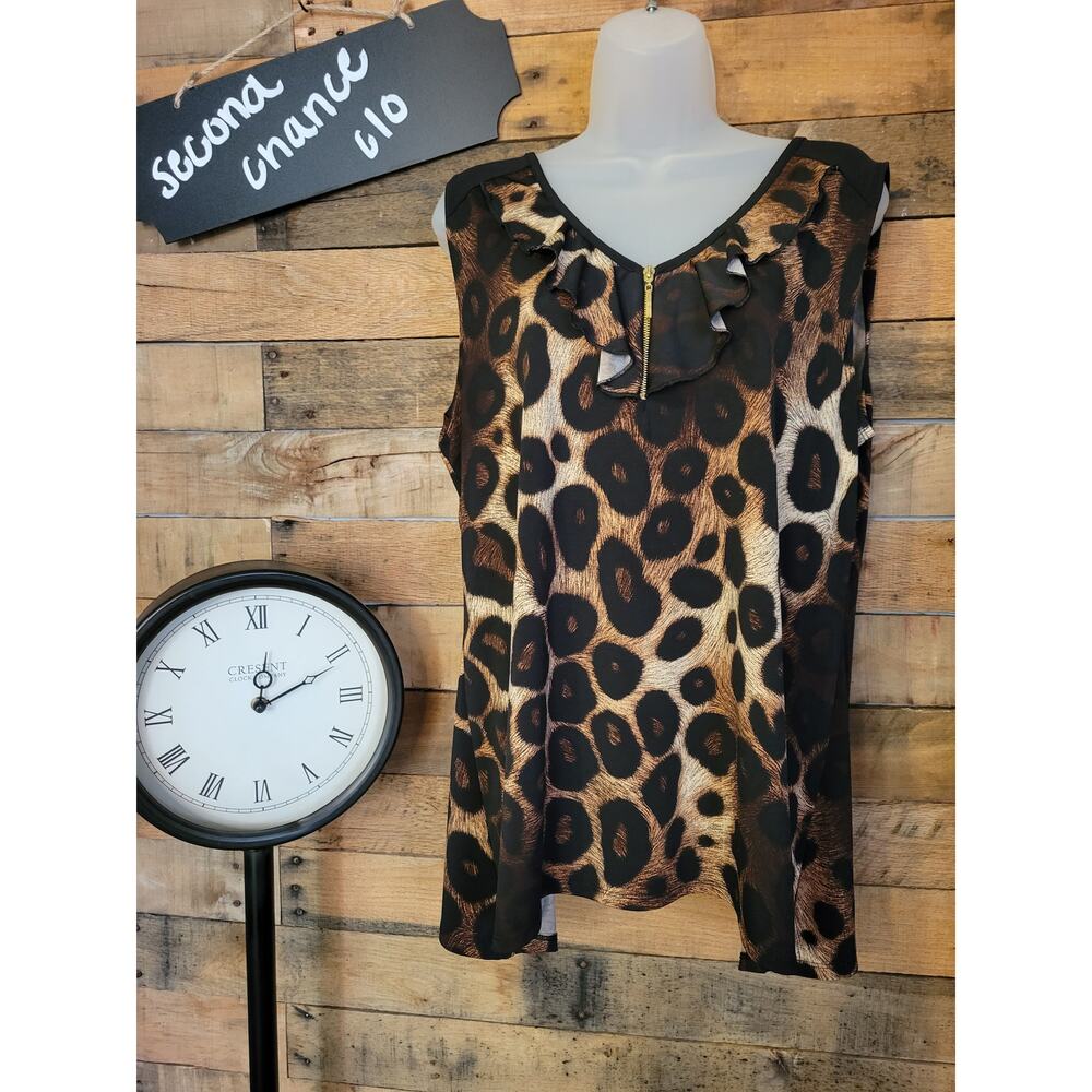 Vintage Suzie women's sleeveless animal print tank top ruffle neckline size L/xl